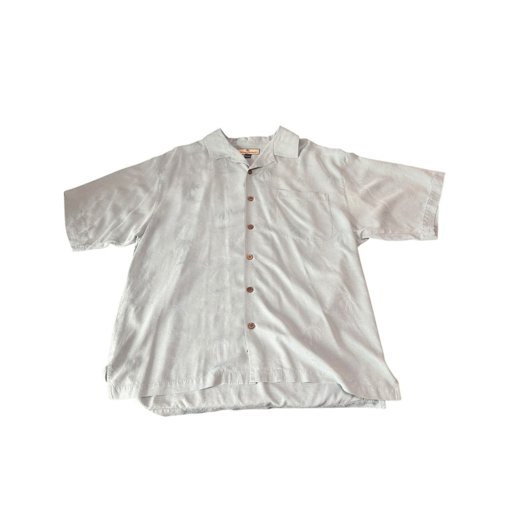 Tommy Bahama Mens Large 100% Silk Camp Shirt Short Sleeve Palm Jacquard Blue